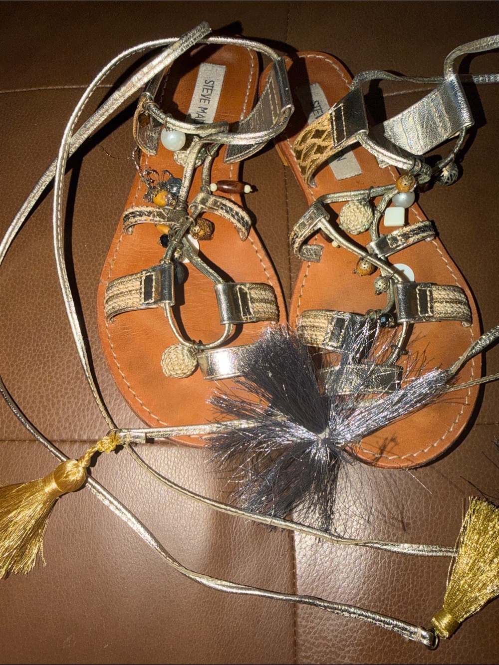 Steve Madden Silver Metallic Beaded Tassel Lace-Up Sandals